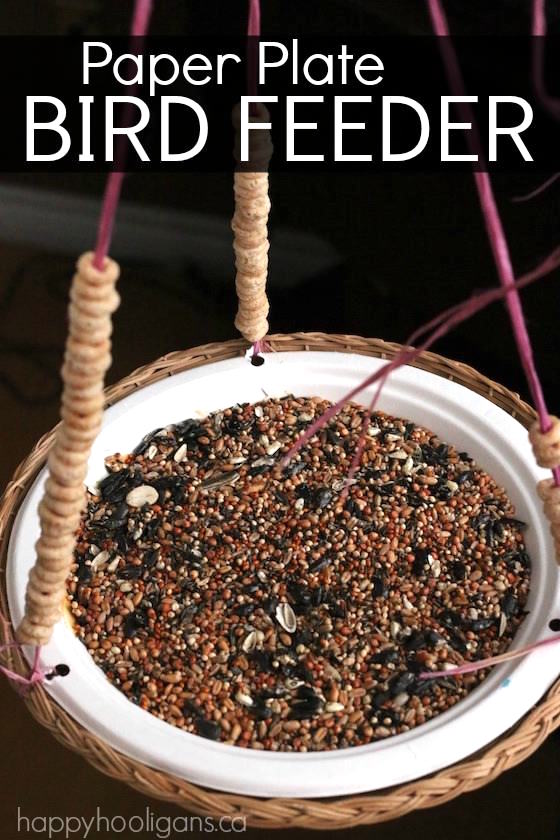 Paper Plate Bird Feeder - Kids can make an easy birdfeeder with a paper plate, raffia and cheerios - Happy Hooligans