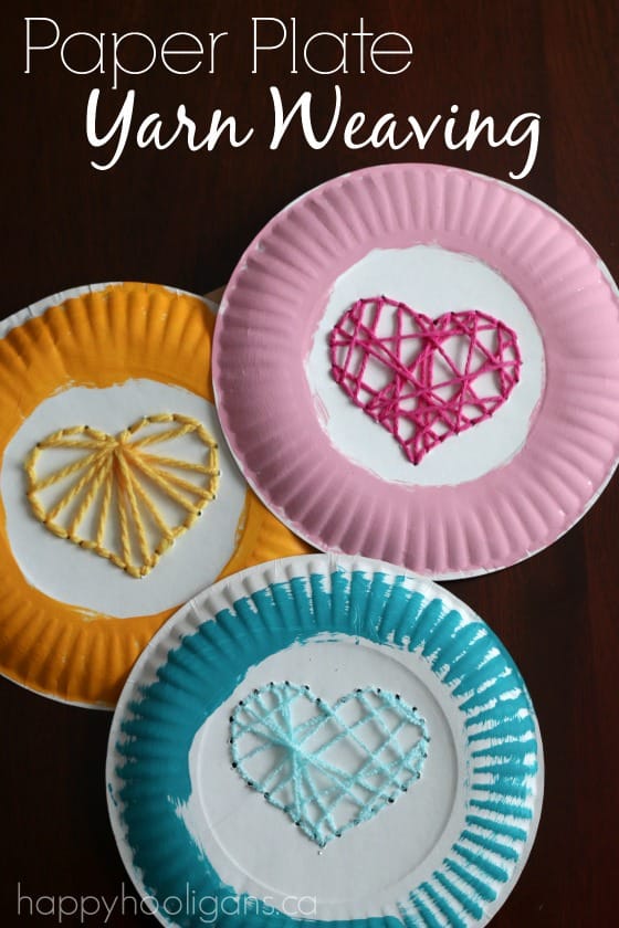 Paper Plate Yarn Weaving - sewing hearts on paper plates for Valentines' Day. Great fine motor activitiy for kids, and a fun way to teach children early sewing skills - Happy Hooligans