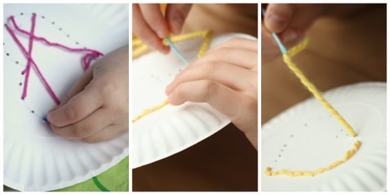 kids sewing with yarn and a paper plate