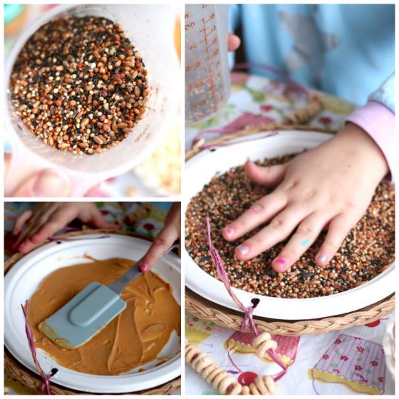 making a bird feeder with a paper plate, peanut butter and bird seed