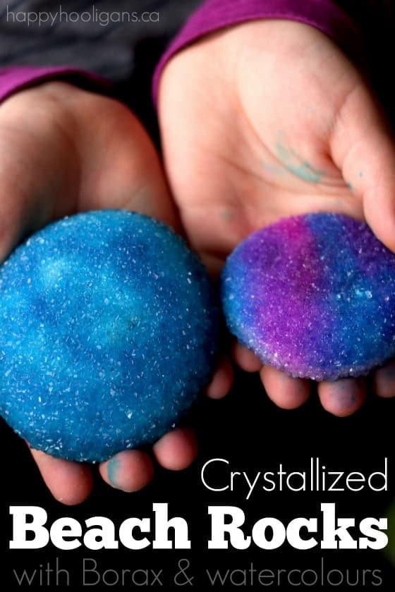 Dazzling Crystallized Beach Rocks - Turn ordinary Beach rocks into stunning, crystallized stones with this simple Borax and watercolour experiment - Happy Hooligans 
