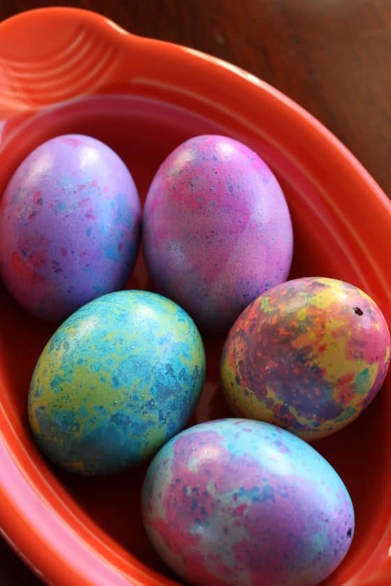 bowl of marbled Easter eggs with marbled effect