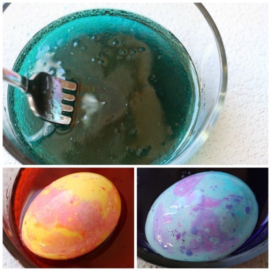marbling eggs in a solution of water, food colouring and olive oil