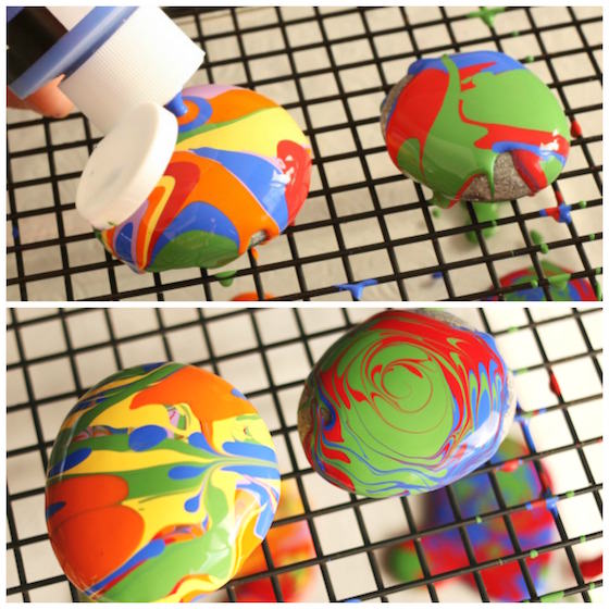 Pour Painted Rock Paper Weights - a fun art process and a great gift for kids to make and give - Happy Hooligans