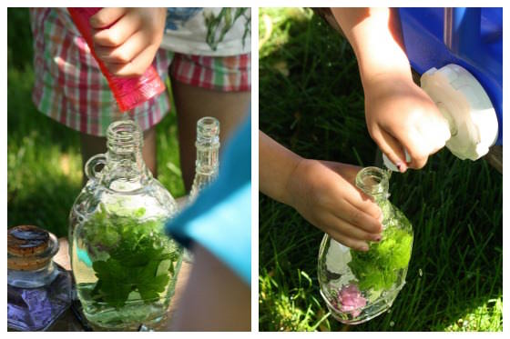 preschoolers filling jars with leaves and water