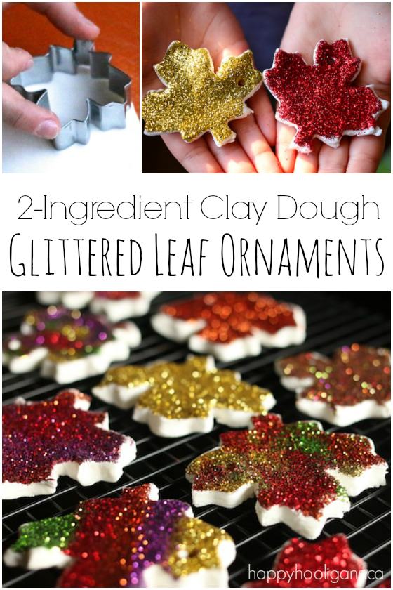 2-Ingredient Glittered Leaf Ornaments for Fall. Great autumn craft for kids of all ages. - Happy Hooligans.
