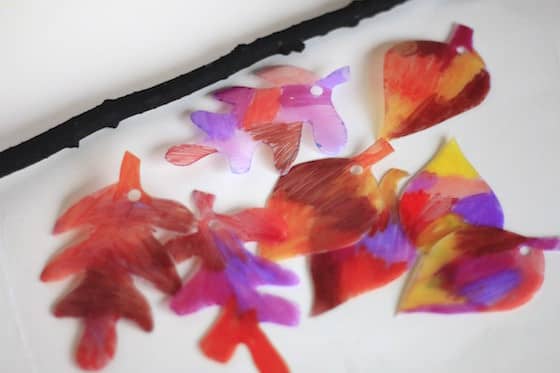 plastic leaves coloured with sharpies