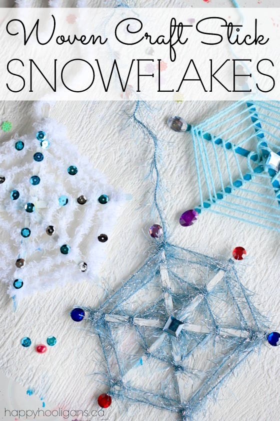 woven craft stick snowflake ornaments with yarn, sequins and craft jewels