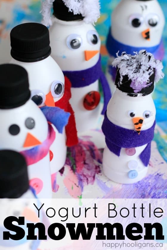 Adorable Yogurt Bottle Snowmen Craft - great way to put some recylables to good use in a winter craft for the kids!