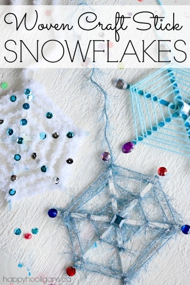 Popsicle Stick Snowflakes with yarn and craft gems