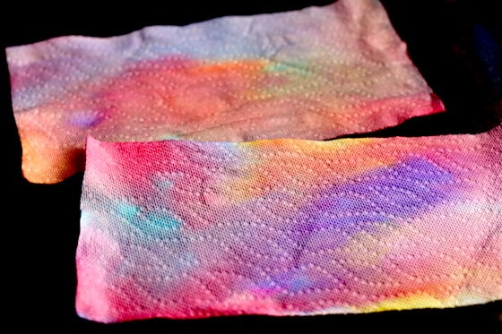 2 paper towels coloured with watercolours