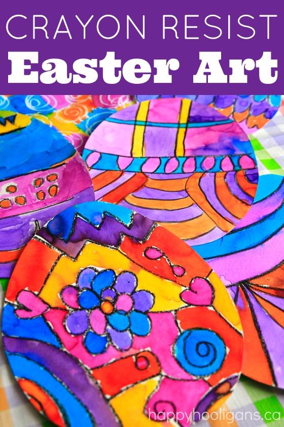 Crayon Resist Easter Art Project for Kids with black crayons and watercolours on paper eggs