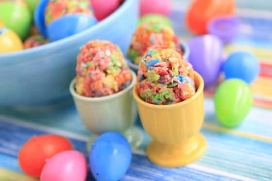 Easter snacks for kids made with fruity pebbles cereal and marshmallows