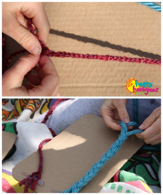 Kids learning to braid with yarn glued to cardboard 