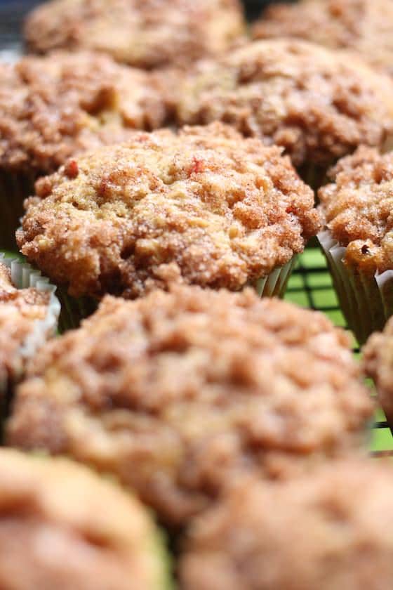 Close up Buttermilk-Rhubarb Muffins on baking rack