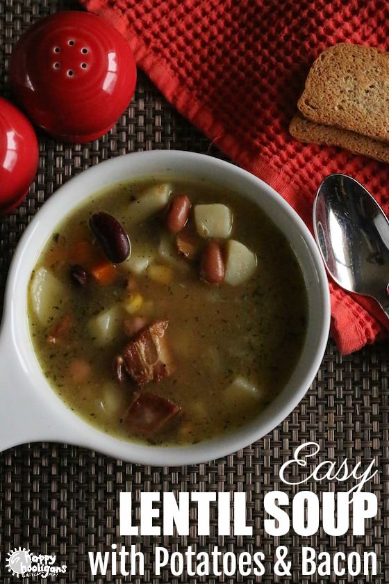 Easy Lentil Soup with Potatoes, Bacon and Mixed Vegetables
