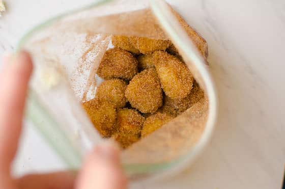 french toast nuggets in baggie with cinnamon sugar
