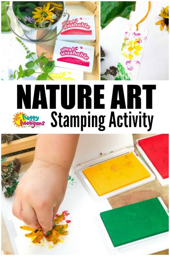 kids stamping art with flowers and leaves