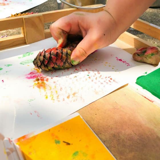 childs hand making pinecone print