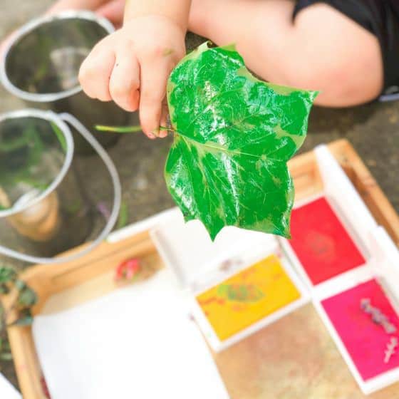 Child holding leaf covered in green ink