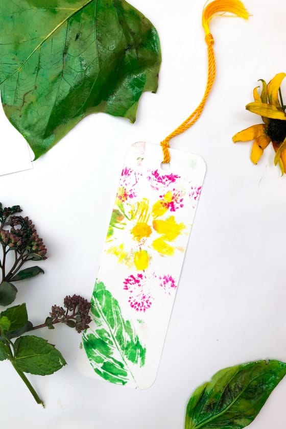 bookmark made by stamping flowers and leaves