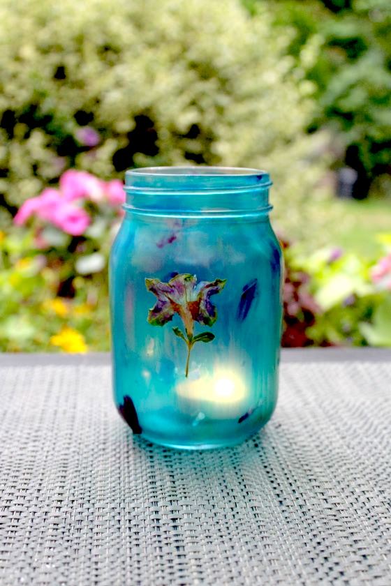 painted mason jar lantern with pressed flowert