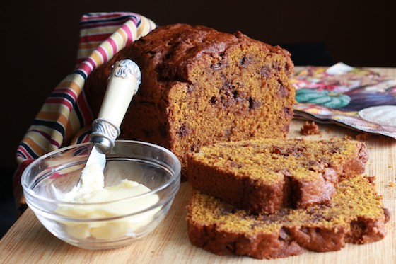 sliced pumpkin bread with chocolate chips