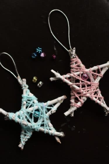Twig and Yarn Star Ornaments with metallic beads