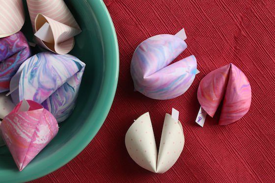 3 bowl of paper fortune cookies made with marbled paper