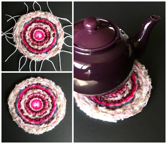 teapot on homemade woven trivet