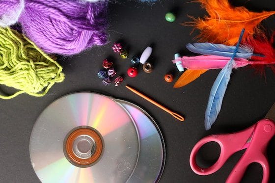 CDs, yarn, beads and feathers