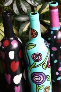 Painted Wine Bottles for watering indoor plants