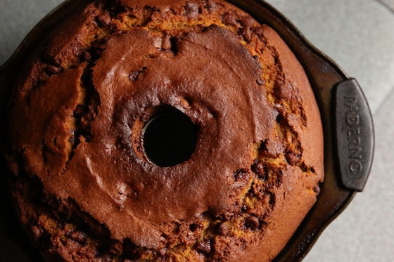 Overhead View Baked Pumpkin Chocolate Chip Cake in Bundt Pan