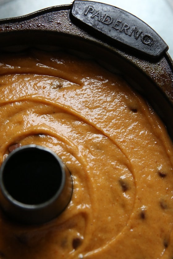 Close up pumpkin chocolate chip batter stirred in bundt pan