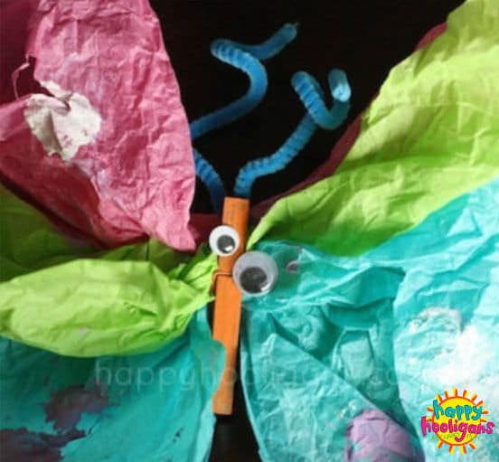 preschool butterfly craft with tissue paper and clothespin