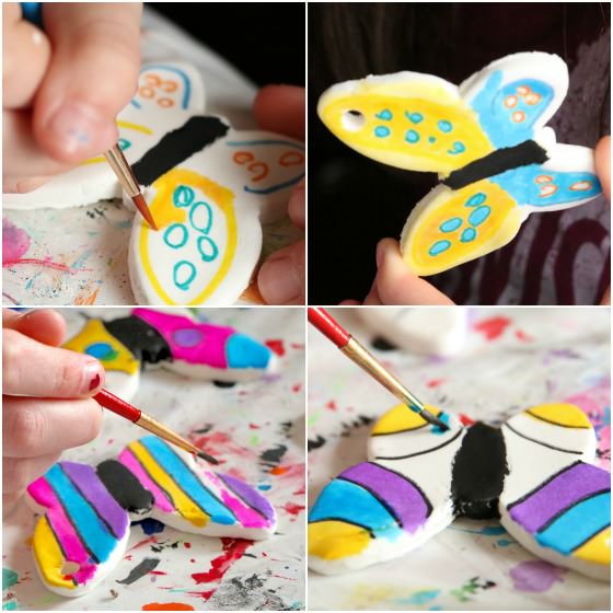 kids painting clay dough butterflies with liquid watercolours