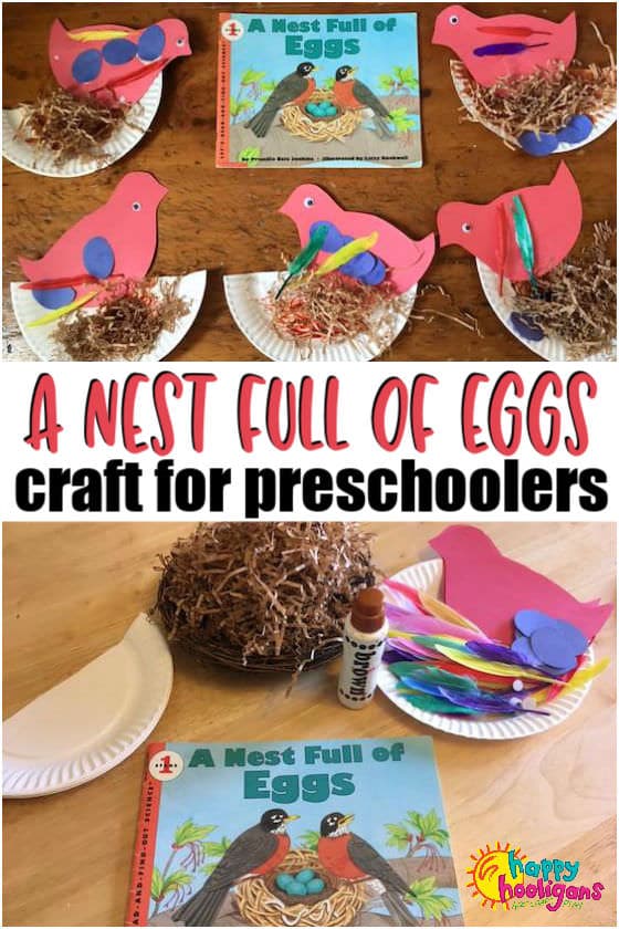 "Nest full of Eggs" book and paper bird and nest crafts made by toddlers and preschoolers