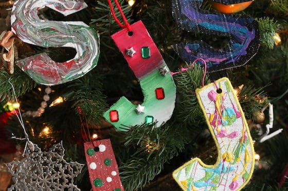 Painted Cardboard Initials on Christmas tree - horizontal