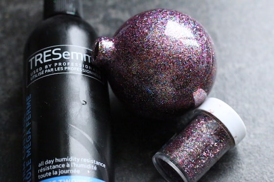 purple ornament, glitter hairspray