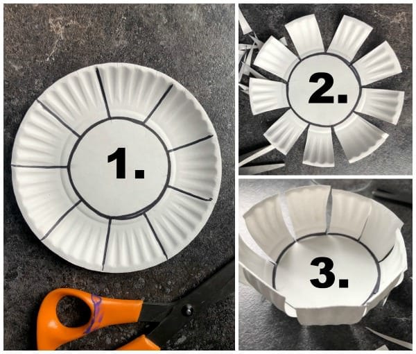 step by step collage how to cut and fold a paper plate into a bowl