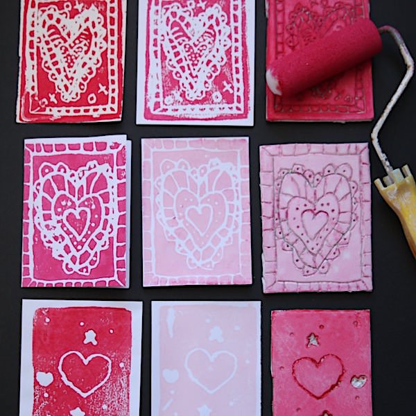 square image valentines block print