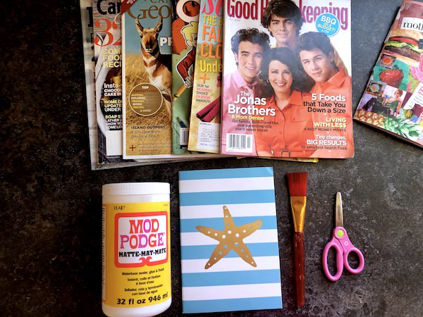 mod podge, magazines, journals, scissors, paint brush
