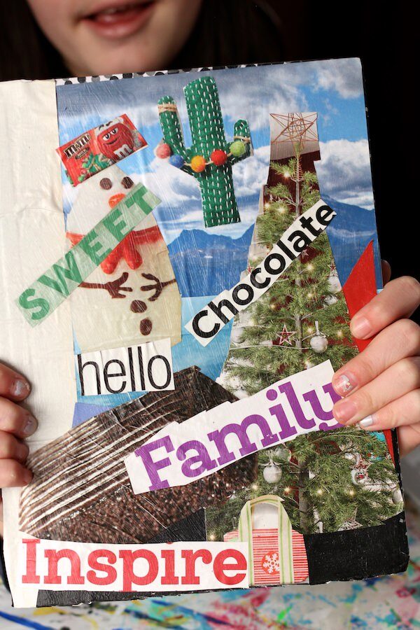 tween holding personalized journal - hello, family, inspire, chocolate