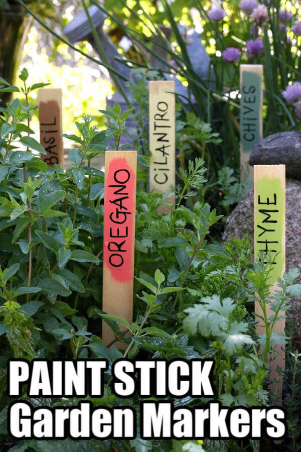 Paint Stick Garden Markers in Herb Garden