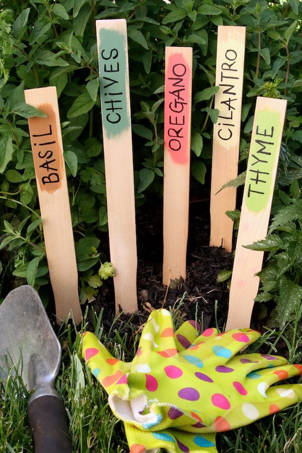 Paint Stick herb markers in garden with gardening gloves and small shovel.