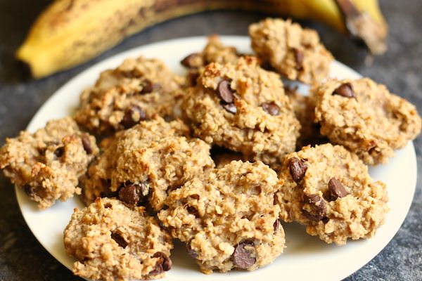 Flourless Peanut Butter Banana Cookies on Plate, bananas in background