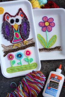 owl and flower art on styrofoam tray made with yarn