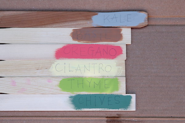 paint sticks with herb names pencilled