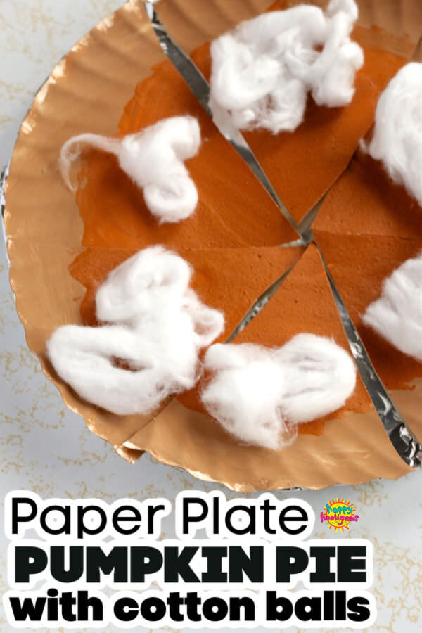 Paper plate pumpkin pie with puffy paint filling and cotton ball topping