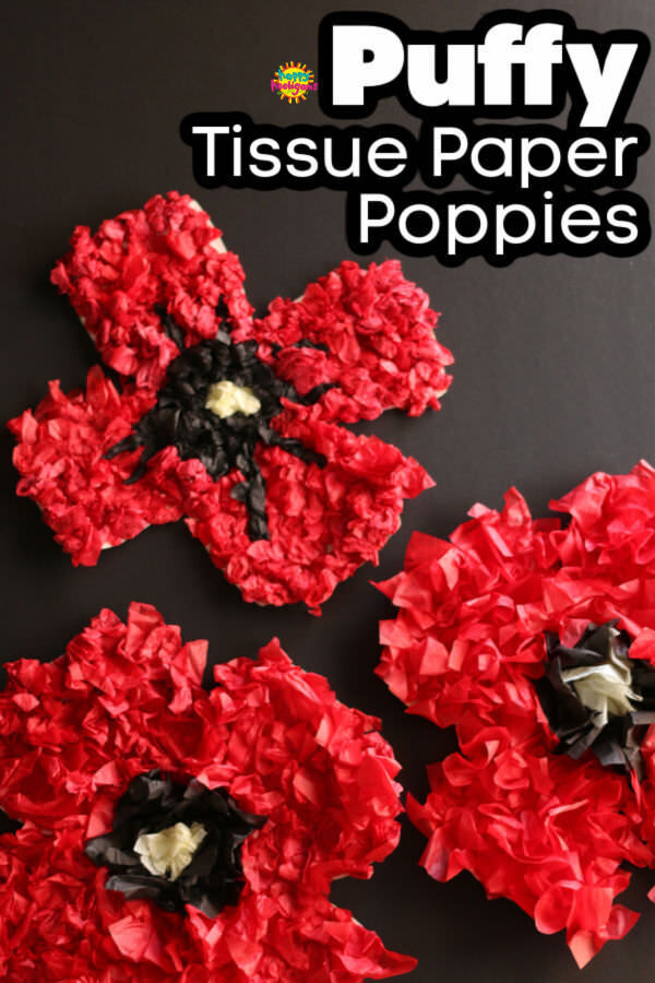 3 puffy poppies made with crumpled tissue paper
